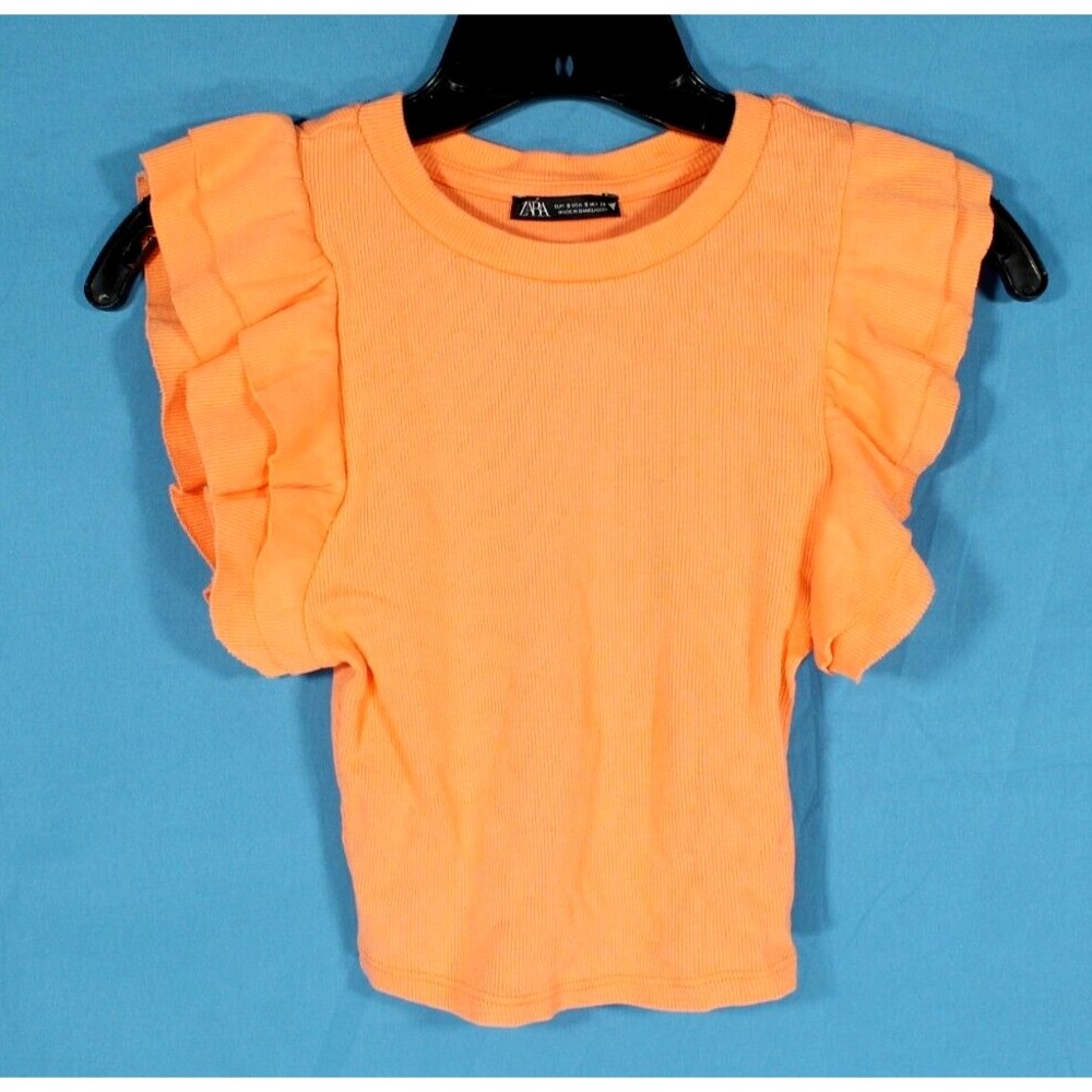 ZARA Coral Orange RIBBED KNIT Sleeveless LAYERED RUFFLE Cropped Tank Top Sz S